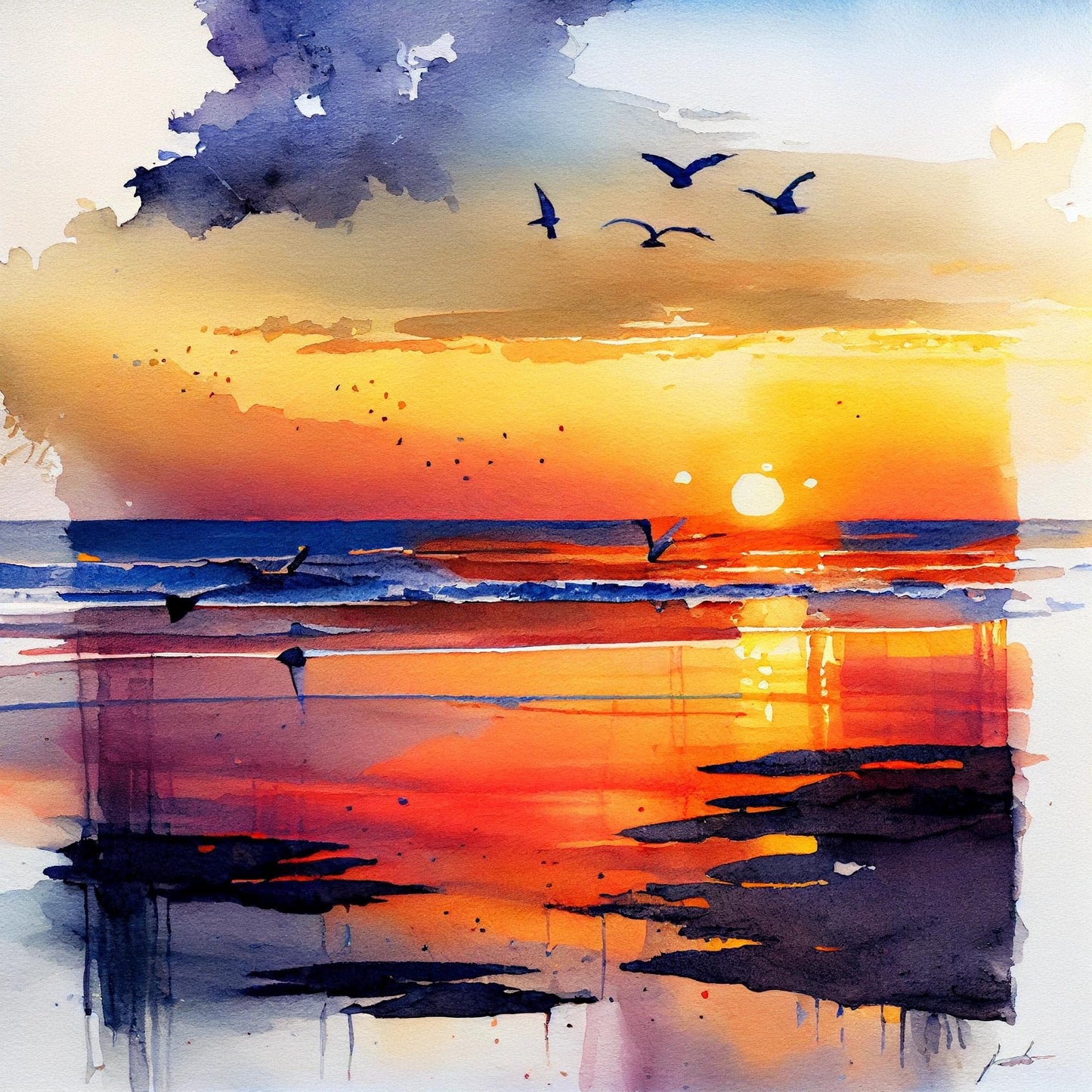 Sunset at the Beach A Captivating Watercolor Painting